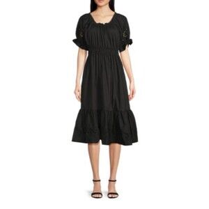 Saks Fifth Avenue Flounce Hem Smocked Midi Dress Puff Sleeve Black-S